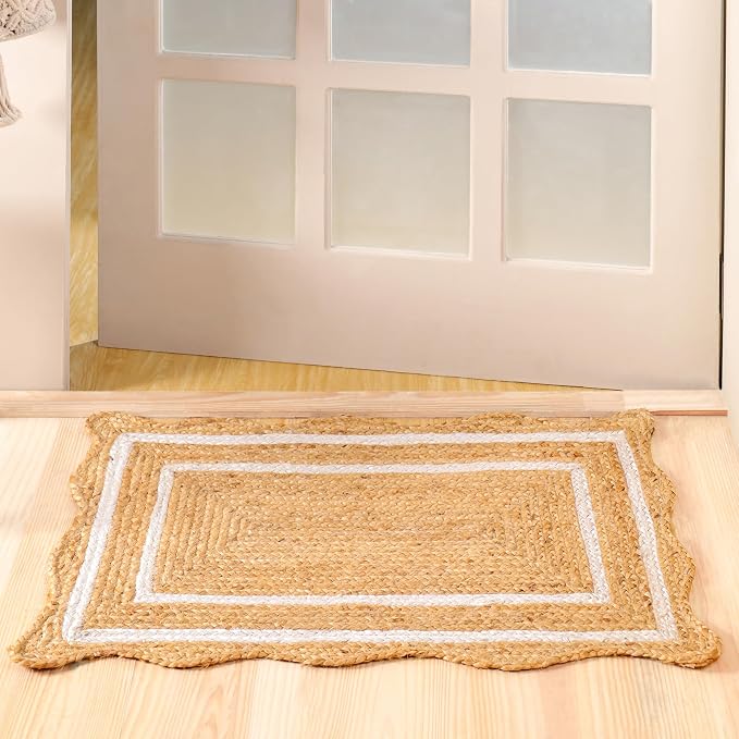 Natural Wave Scalloped Jute Rug Handwoven Braided Doorway, Entry Mat 2'x3'