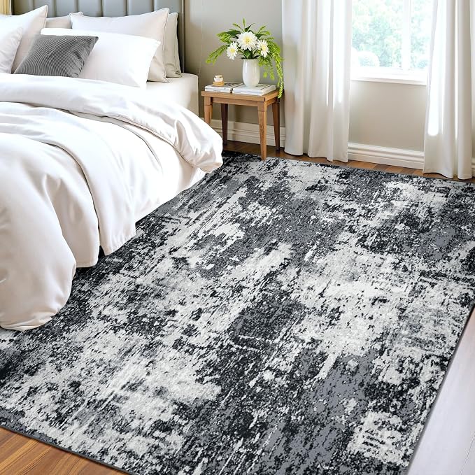 RELEANY Washable Area Rugs 4'x5' Non-Slip Modern Abstract Soft for Living Room Entryway Bedroom Kitchen, Print Pattern, Black Navy Blue Gray