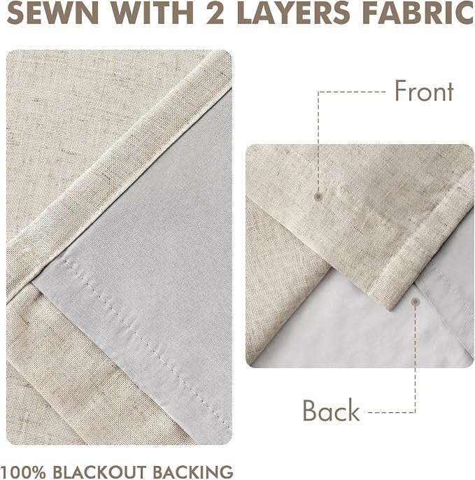MIULEE Beige Pinch Pleated 100% Blackout Linen Curtains 108 Inch Long 2 Panels Set, Black Out Memory Trained Pleat Curtains Light Blocking Room Darkening Drapes for Bedroom Living Room Window
