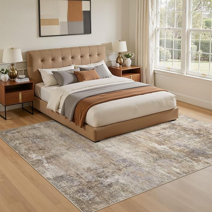 Area Rugs 5x7, Non Slip Low Pile Soft Washable Rug for Living Room | Modern Abstract Large Carpet, Stain Resistant and Kid & Pet Friendly, Made for Bedroom, Nursery, Dining Room - Dark Brown