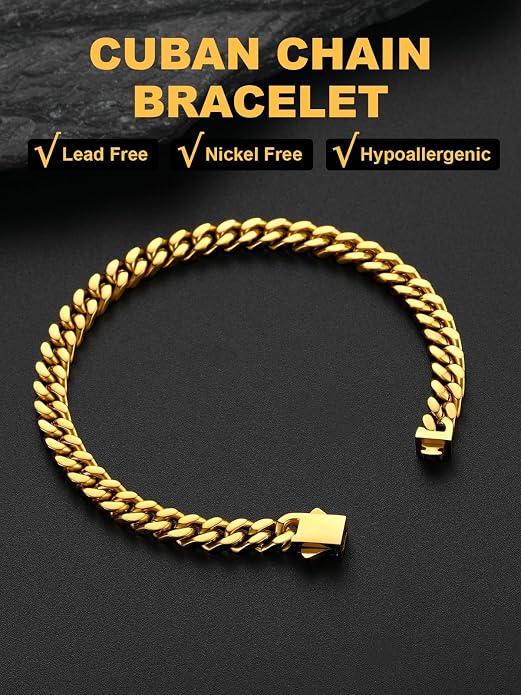 U7 Cuban Link Bracelets for Men Stainless Steel Wrist Bracelet Silver Black Gold Cuban Hand Chain Bracelet for Mens Women, 5/7/9/12mm Width, 7.5/8.3/9 Inch Length Classic Jewelry with Box Packed