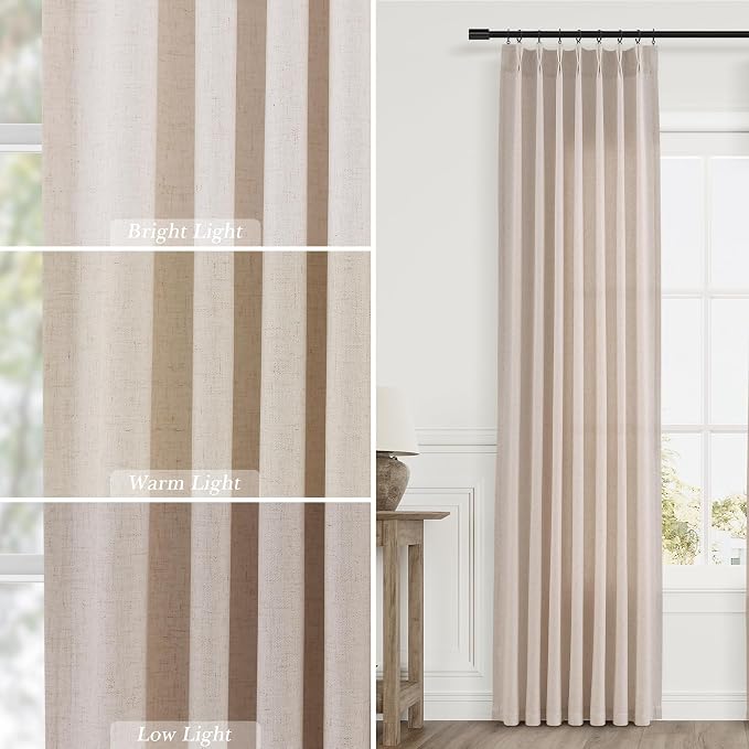 Cream Beige Extra Long Pleated Linen Curtains 108 Inches Long for Living Room 2 Panels Set Natural Pleat Drapes Back Tab Semi Sheer Neutral Boho Ceiling to Floor Window Curtain for Bedroom 9 FT