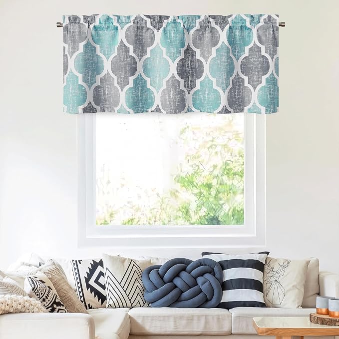Beauoop Moroccan Valance Curtains for Kitchen Cafe Aqua Grey 52x18 1 Panel | Geometric Blackout Short Curtains for Living Room Bedroom 18 Inch Length Thermal Quatrefoil Small Window Curtains Rod Pocket