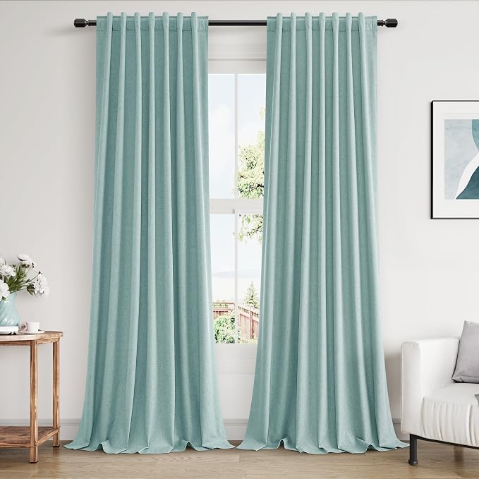Guken Light Blue 100% Blackout Linen Curtains 100 Inch Length 2 Panels Set for Living Room Back Tab Thermal Insulated Black Out Drapes Room Darkening Farmhouse Style for Bedroom Window Curtains
