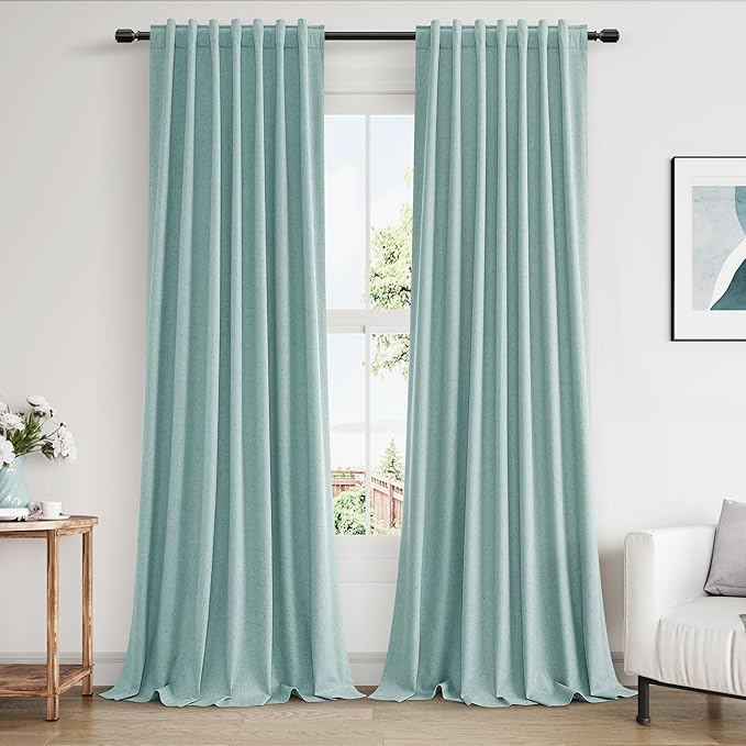 Guken Light Blue 100% Blackout Linen Curtains 96 Inch Length 2 Panels Set for Living Room Bedroom Back Tab/Rod Pocket Thermal Insulated Black Out Drapes Room Darkening Farmhouse Window Curtains