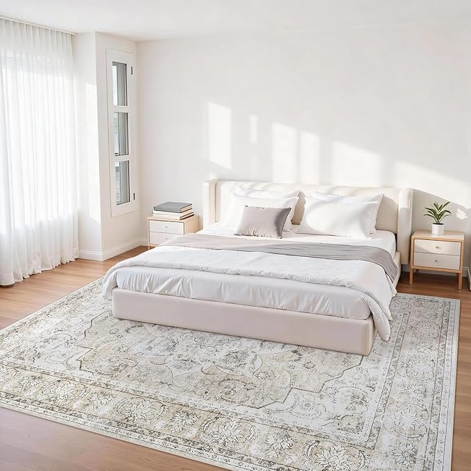 5x7 Area Rugs for Living Room:Beige Washable Vintage Medallion Carpet Non-Slip Soft Low Pile Large Rugs Indoor Retro Rug for Bedroom Nursery Dining Table Office Home(Beige White, 5'x7')