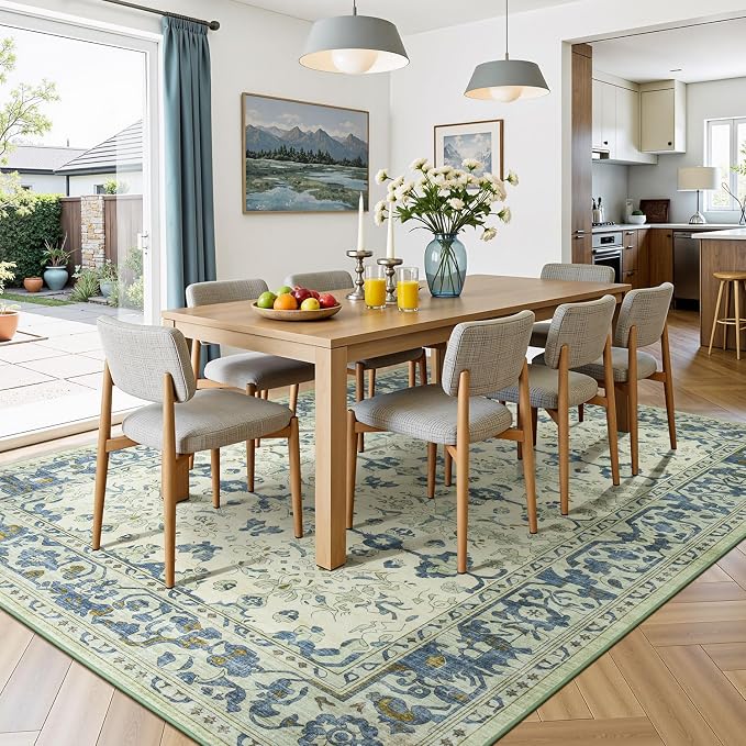 Lessymo Washable Area Rug for Living Room,8x10 Large Rugs with Non-Slip Backing,Soft Boho Carpets for Bedroom Dining Room Nursery Home Office,Light Blue