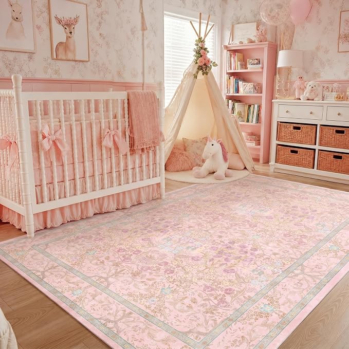 Washable Light Pink Living Room Area Rug 6x9, Boho Botanical Area Rug for Bedroom, Kitchen Table, Nursery, Home Office - Low Pile Non-Slip Vintage Carpet - Soft Farmhouse Accent Mat