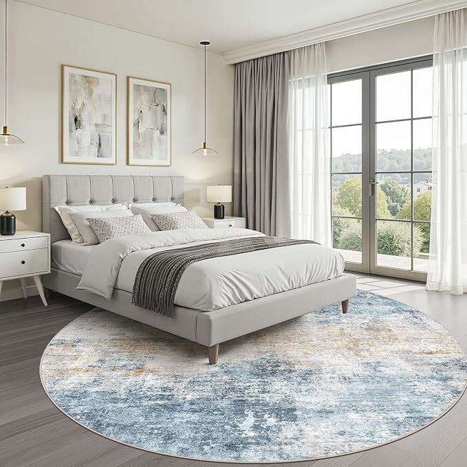 7ft Round Rug Living Room: 7x7 Washable Large Neutral Circle Area Rug Abstract Soft Modern Stain Resistant Indoor Floor Non-Slip Carpet for Bedroom Nursery Kids Office Playroom Dining Room- Blue Gold