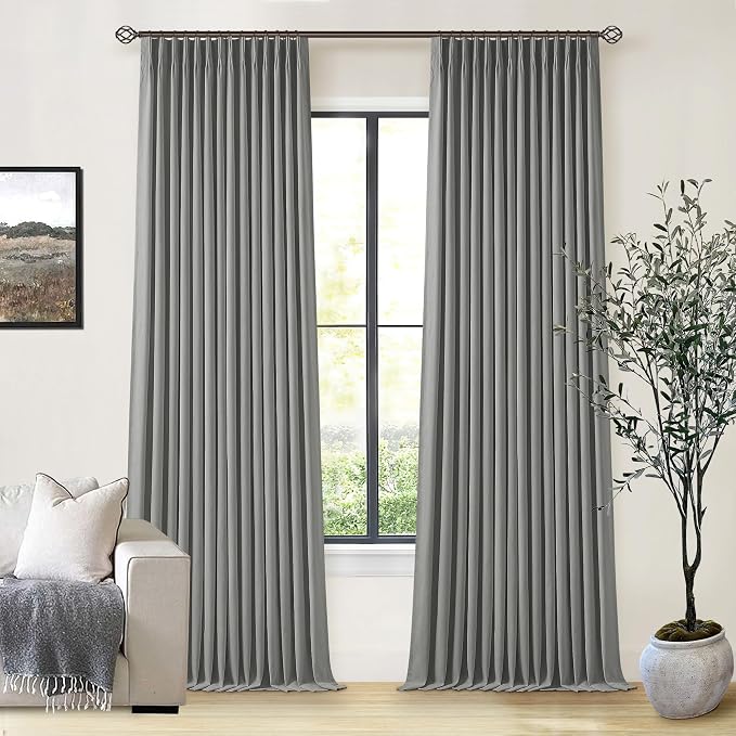 Dark Grey Pinch Pleated Linen Blackout Curtains 90 Inches Long for Bedroom | 100% Black Out Thermal Insulated, Pinch Pleat with Ring Hooks Back Tab, Room Darkening Drapes with Liner, for Living Room