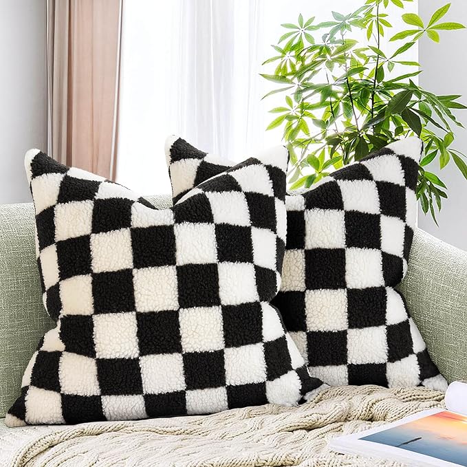 AmHoo Pack of 2 Decorative Throw Pillow Covers Checkerboard Luxury Super Soft Faux Fur Wool Set Case Cushion for Couch Sofa Bedroom 22 x 22-Inch Black