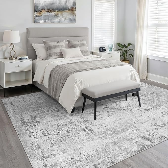 7x9 Area Rug Living Room: Washable Large Neutral Rug Abstract Soft Modern Stain Resistant Indoor Floor Non-Slip Carpet for Bedroom Nursery Kids Office Playroom Dining Room Under Table- Light Gray