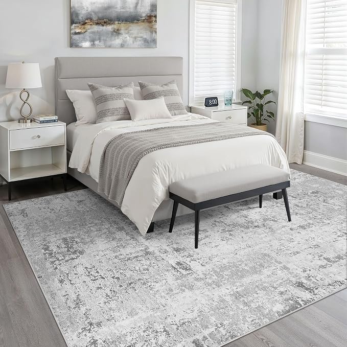 5x7 Area Rug Living Room: Washable Large Neutral Rug Abstract Soft Modern Stain Resistant Indoor Floor Non-Slip Carpet for Bedroom Nursery Kids Office Playroom Dining Room Under Table Home- Light Gray
