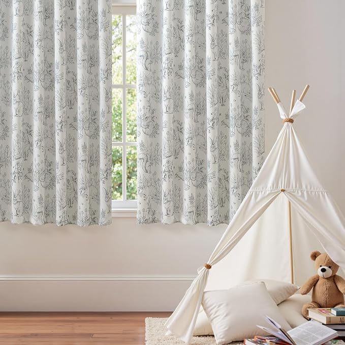 jinchan Grey Blackout Curtains 63 Inch Whimsical Back Tab 2 Panels | Room darkening,nursery kids bedroom,privacy,whimsical,cottagecore,bunny pattern,botanical,nature-inspired decor