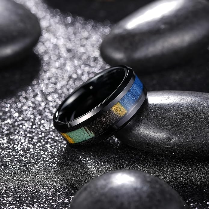 King Will Black Tungsten Wedding Band For Men, 8mm Promise Ring Inlay Red Twill Pattern/Colorful Wood Chips, High Polished Beveled Edge - Suitable For Daily Wear, Comfort Fit Size 7-14