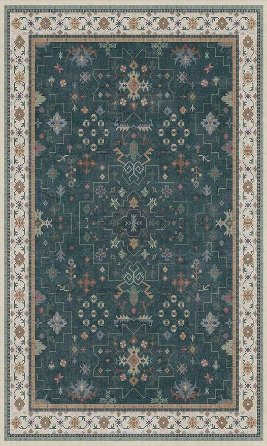 Dark Green Oushak 3x5 Large Entryway Rug - Modern Vintage Boho Eclectic Floral Pastel, Washable Low Pile Non-Slip Area Rugs for Door Mat Indoor Entrance, Kitchen, Bedroom Beside Bed, Laundry