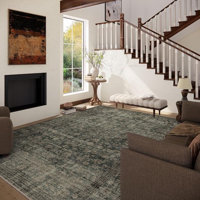 Washable Living Room Area Rug: 9x12 Rugs for Bedroom Vintage Stain Resistant Non Slip Low Pile Large Boho Carpet for Kitchen Dining Room Farmhouse Kids Room Nursery