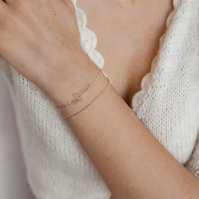 Dainty Gold Bracelets for Women, 14K Gold Plated Adjustable Layered Beads Bracelet Cute Evil Eye Oval Chain Pearl Bar Turtle Gold Bracelets for Women Jewelry