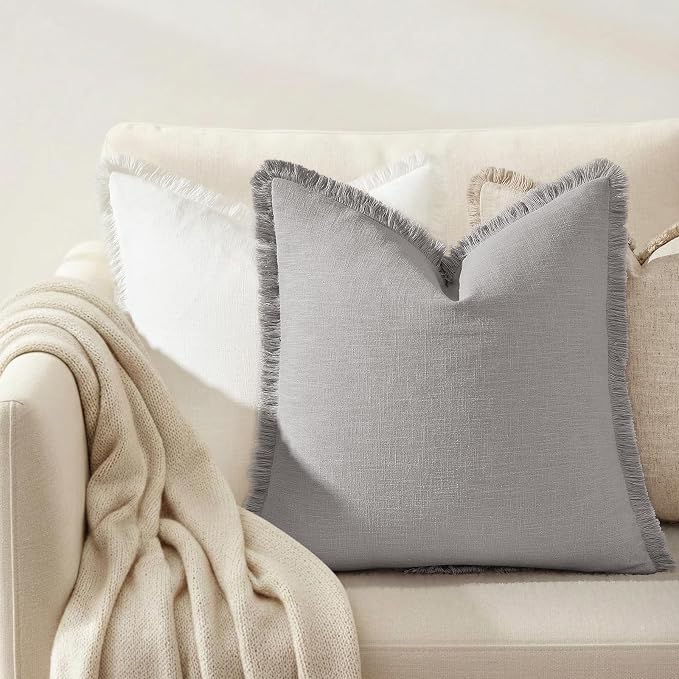 decorUhome Linen Fringe Light Grey Throw Pillow Covers 16x16 Set of 2 | Decorative Soft Accent Modern Boho Farmhouse Cushion Covers with Tassels Cotton Pillow Covers for Couch Bed Sofa