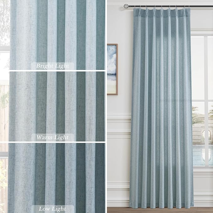 102 Inch Light Blue Pinch Pleat Linen Curtains for Living Room Bedroom Semi Sheer Privacy Flax Textured Pleated Drapes Light Filtering Kids Room Sliding Glass Door Curtain Modern Decorations 40x102