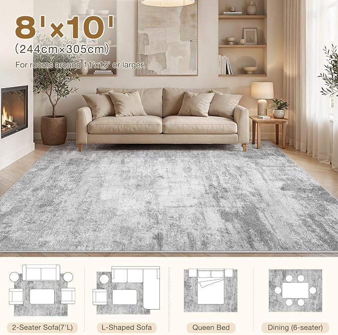 cotiled 8x10 Area Rugs Abstract Soft Non Slip Washable Living Room Rug | Stain Resistant, Robot Vacuum & Pet Friendly, Low-pile, For Living Room, Bedroom, Dining Table, Nursery Grey