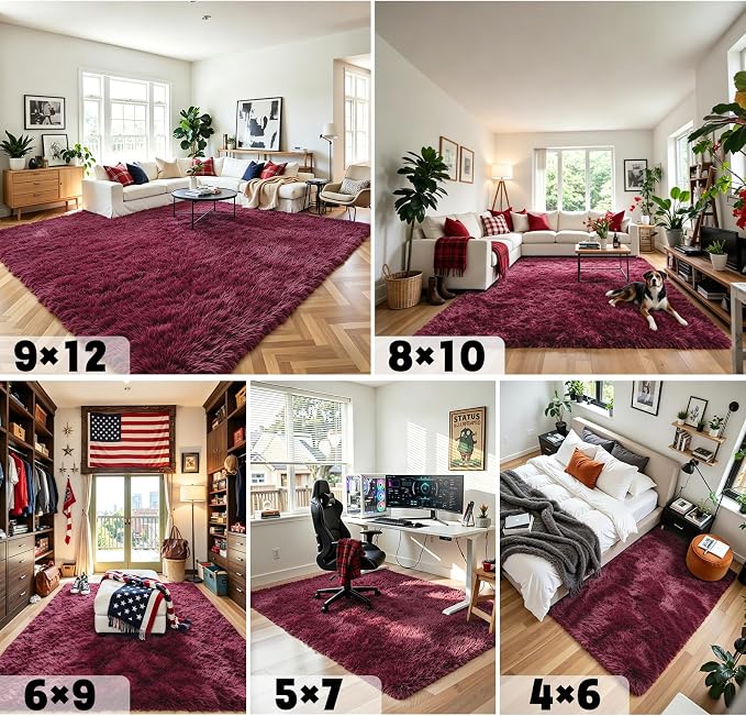 Rugs for Living Room 6x9, Alfombras para Salas Shag Large Plush Soft Area Rug, Shaggy Carpets for Bedroom,Home Decor Aesthetic(Burgundy, 6 x 9)