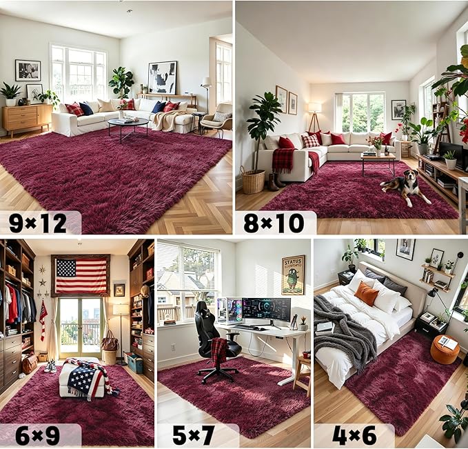 Rugs for Bedroom 4x6, Alfombras para Salas Shag Plush Soft Area Rug, Shaggy Carpets for Livingroom,Home Decor Aesthetic(Burgundy, 4 x 6)