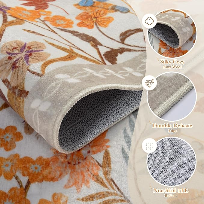 Wonnitar 4x6 Washable Area Rug, Orange Floral Rug for Bedroom, Boho Botanical Entryway Rug, Non Slip Soft Kitchen Carpet, Ultra Thin Cottagecore Home Office Decor (4x6 Orange)