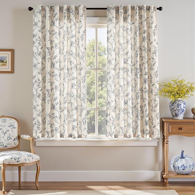 Lazzzy Charlotte Linen Farmhouse Curtains Blue Floral Curtains 63 Inch Length Back Tab Drapes for Living Room Bedroom Light Filtering Country Vintage Rod Pocket Curtain, 2 Panels, Blue on Beige