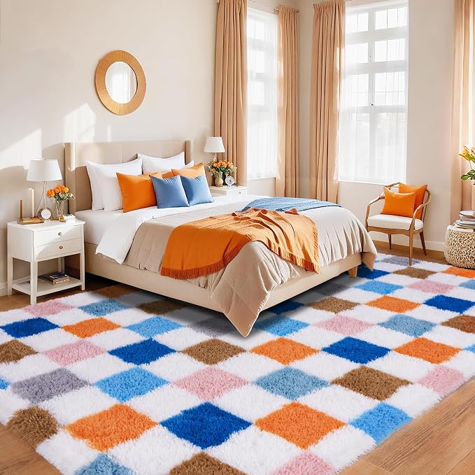 Pionblank 9x12 Area Rug, Large Fluffy Checkered Rugs for Living Room, Shag Rug for Bedroom, Soft Non Slip Shag Carpet for Kids Room Nursery Home Decor, Rainbow