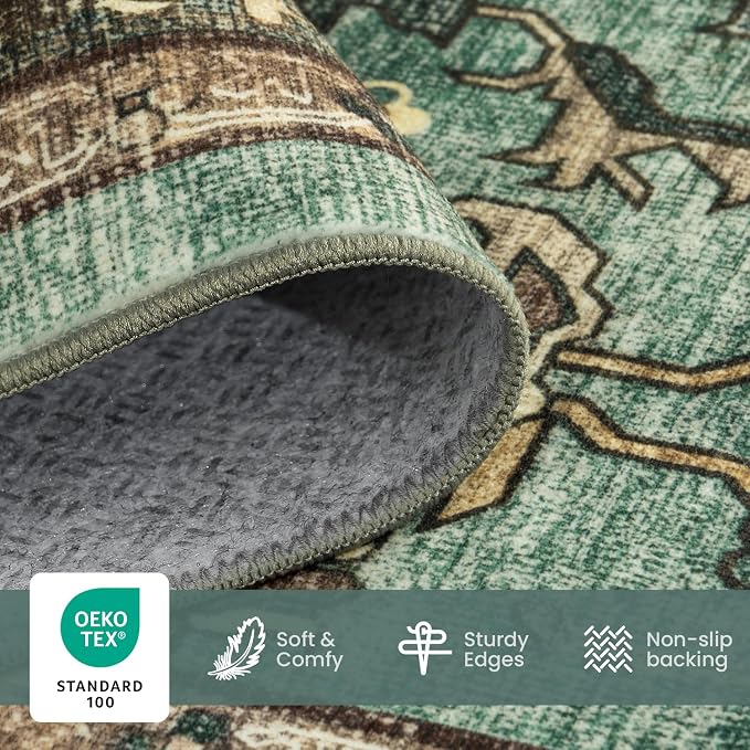 8x10 Green Brown Large Area Rugs for Living Room - Boho Medallion Aesthetic Distressed Washable Rug, Soft Non-Slip Backing Low Pile Carpet for Dining Under Table, Bedroom, Office