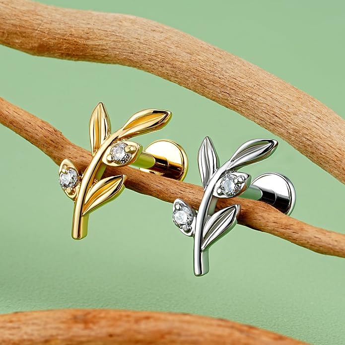 FINE4U 1PC Leaf Flat Back Stud Flat, Helix, Conch, Tragus 6mm 8mm - ASTM F136 Titanium Screw on Body Piercing Jewelry