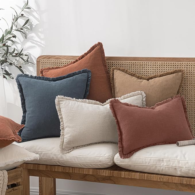 MIULEE Decorative Throw Pillow Covers Neutral Linen Fringe Throw Pillows Set of 2 Autumn Glaze Boho Farmhouse Cushion Covers with Tassels for Couch Sofa Bed Living Room Fall Decor 20x20 Inch