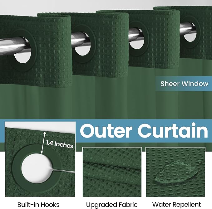EUTXL 256GSM Heavyweight Shower Curtain and Liner Set - Waffle Weave Textured Heavy Duty,Hotel Luxury Weighted Bath Curtain,71W x 74H,Dark Green
