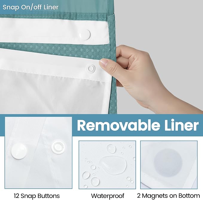 EUTXL Heavyweight Teal Long No Hook Shower Curtain with Snap in Liner,256GSM Waffle Weave Shower Curtains for Bathroom,71W x 86H