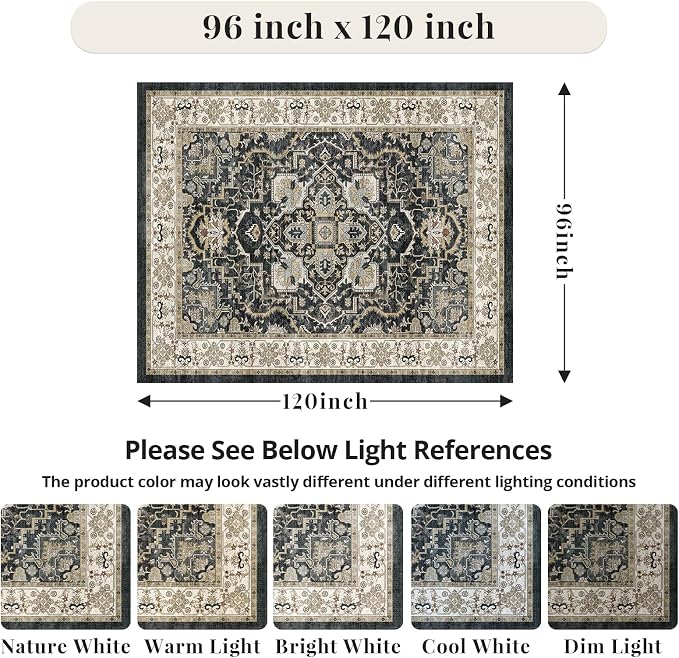 Black 8x10 Washable Large Area Rug, Non-Slip Soft Ultra-Thin Polyester Carpet with Vintage Vintage Stain Large Rug for Living Room, Bedroom, Dining Room & Open-Concept Spaces Oeko-TEX - Black