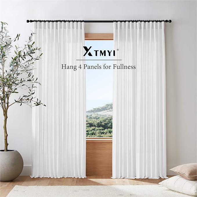 XTMYI 105 Inch White Cotton Linen Curtains 2 Panels Set Custom Length Back Tab Window Sheer Curtain Drapes for Living Room Bedroom,50x105 in Long