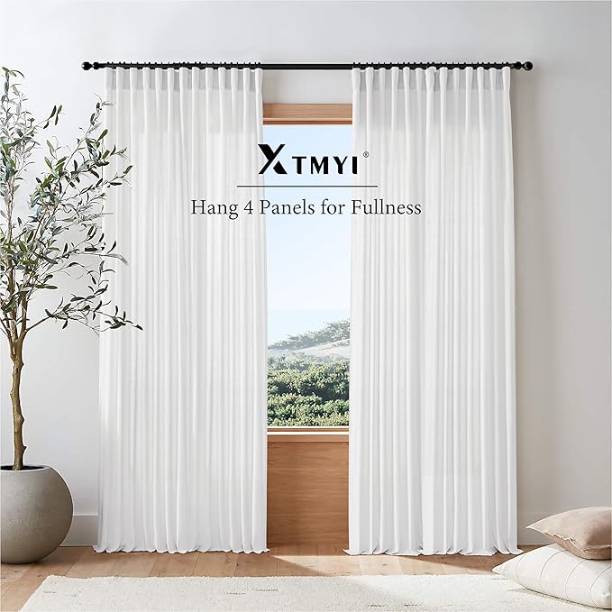 XTMYI 70 Inch Wide White Back Tab/Hook Belt Linen Cotton Sheer Curtains for Bedroom,2 Panels,96 Inch Length