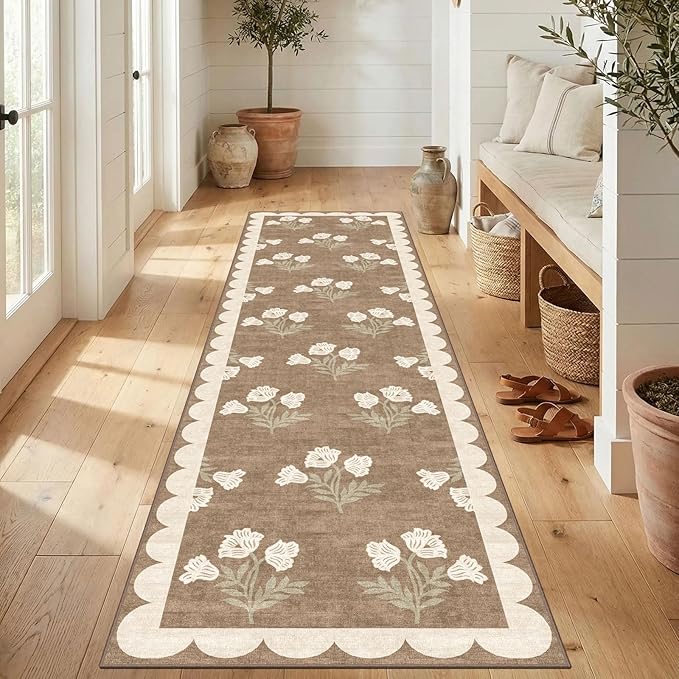 Non Slip Washable Kitchen Runner Rug - 2x8 Long Tan Hallway Runner Rugs Soft Boho Runners for Hallways Vintage Floral Scalloped Runner Rug for Bedroom Entryway Laundry Room Bathroom Foyer
