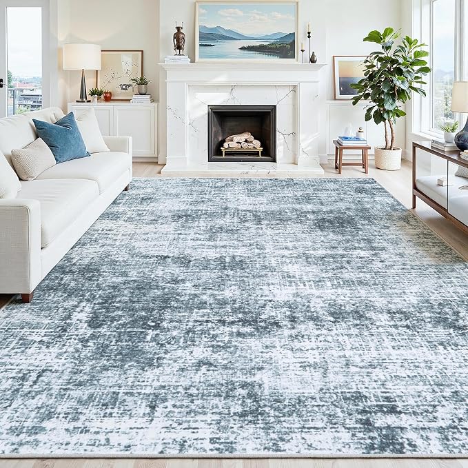 10x14 Area Rugs Washable Rug: Anti-Skid Abstract Modern Living Room Rug Soft Thin Carpets Indoor Floor Non-Shedding Carpet for Bedroom Dining Nursery Home Office (Light Slate Blue/White,10'x14')