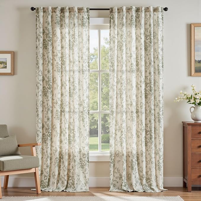 jinchan Green Floral Linen Curtains 96 Inch Farmhouse Back Tab 2 Panels | Light filtering drapes, semi sheer, farmhouse, cottagecore, rustic, living room, bedroom, rod pocket, window treatment