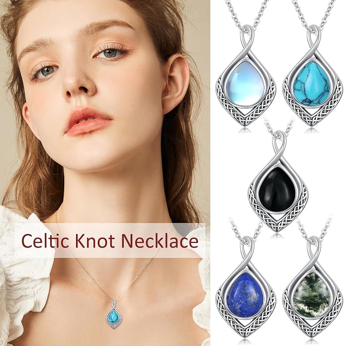 PELOVNY Celtic Knot Necklaces for Women 925 Sterling Silver Gemstone/Birthstone Teardrop Infinity Necklace Irish Celtic Pendant Jewelry Gifts for Mom Daughter Wife