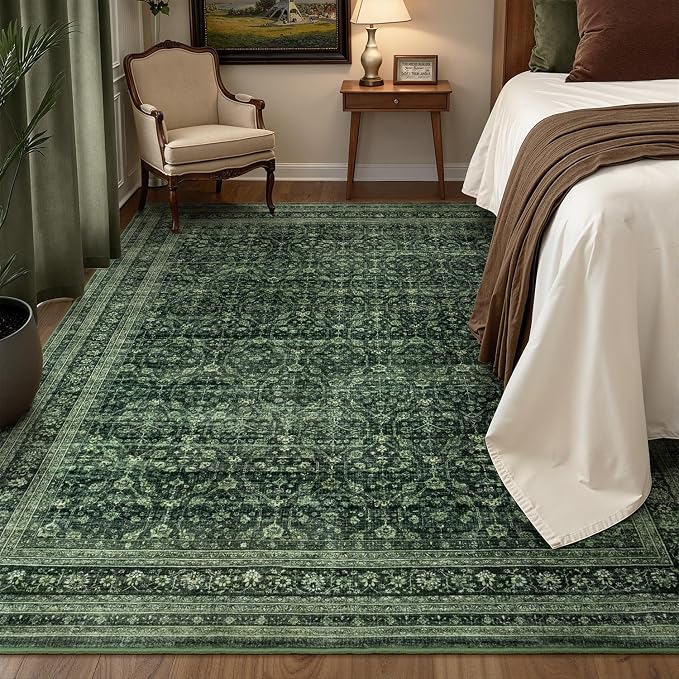 5x7 Area Rugs for Living Room Bedroom, Washable Large Rugs Non-Slip | Vintage Distressed Retro; Low Pile; Stain Resistant; Neutral Boho Carpet for Dining Room, Nursery, Home Office; Moss Green