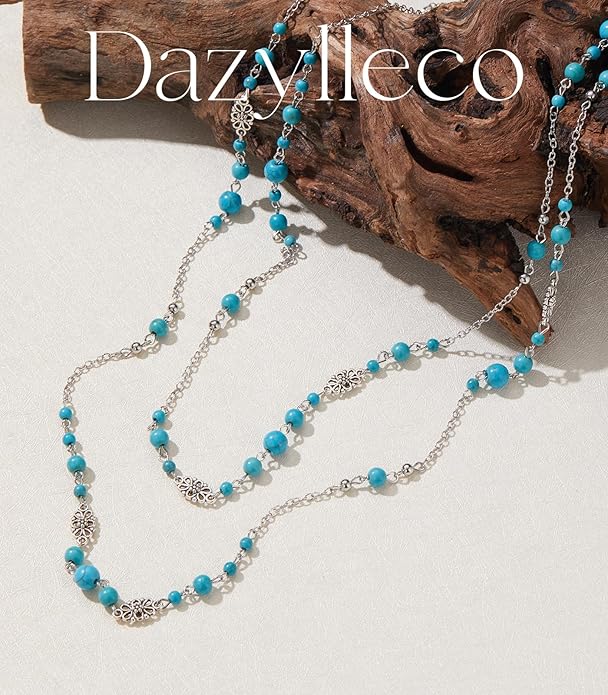 Long Beaded Silver Necklaces for Women Layered Long Statement Necklace with Stone Pearl Beads Double Sweater Chain Costume Jewelry for Women