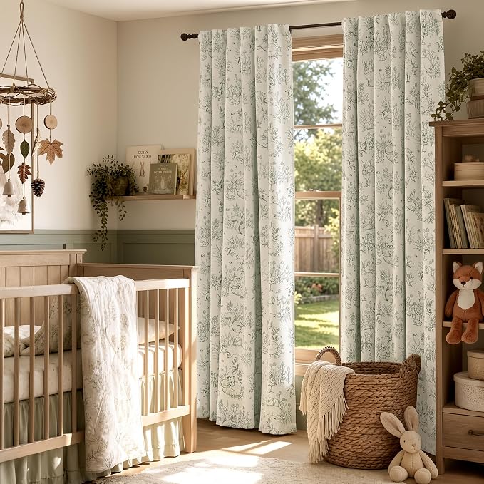 jinchan Green Floral Blackout Curtains Farmhouse 90 Inch Grommet 2 Panels | Room darkening,nursery kids bedroom,privacy,whimsical,cottagecore,bunny pattern,botanical,nature-inspired decor