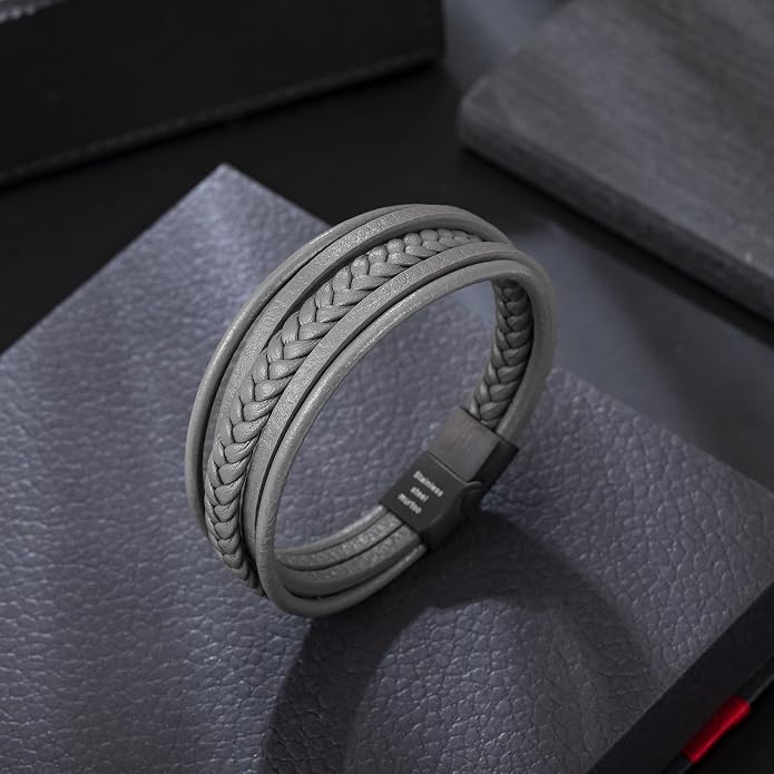 murtoo Mens Leather Bracelet with Clasp Cowhide Multi-Layer Braided Leather Mens Bracelet