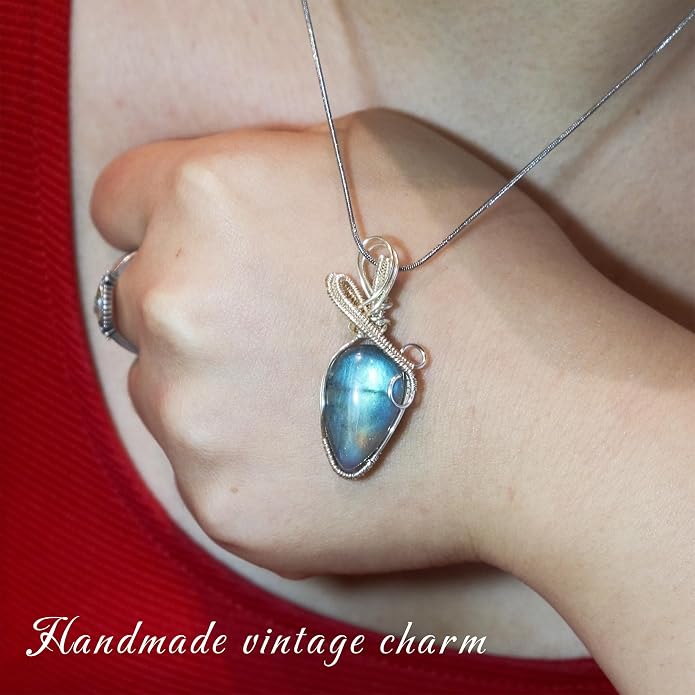 Handmade Wrapped Labradorite Crystal Pendant Necklace - Dainty Charm Copper Wired Necklace, Healing Crystals and Gemstones, Vintage Jewelry for Women, Men's Necklace, Boho Black Stone Protection Birthstone Jewelry