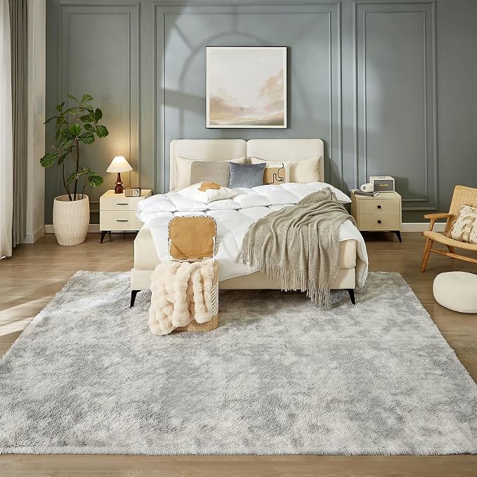 Floralux 8x10 Rugs for Living Room, Tie-Dye Light Grey, Soft Fluffy Shag Carpets for Bedroom, Shag Large Area Rugs for Bedroom
