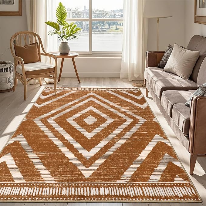 Boho Area Rugs 4x6ft Non Slip, Brown Washable Rug for Living Room, Soft Bedroom Carpet, Low Pile Moroccan Area Floor Carpets for Dining Room Kids Nursery Farmhouse