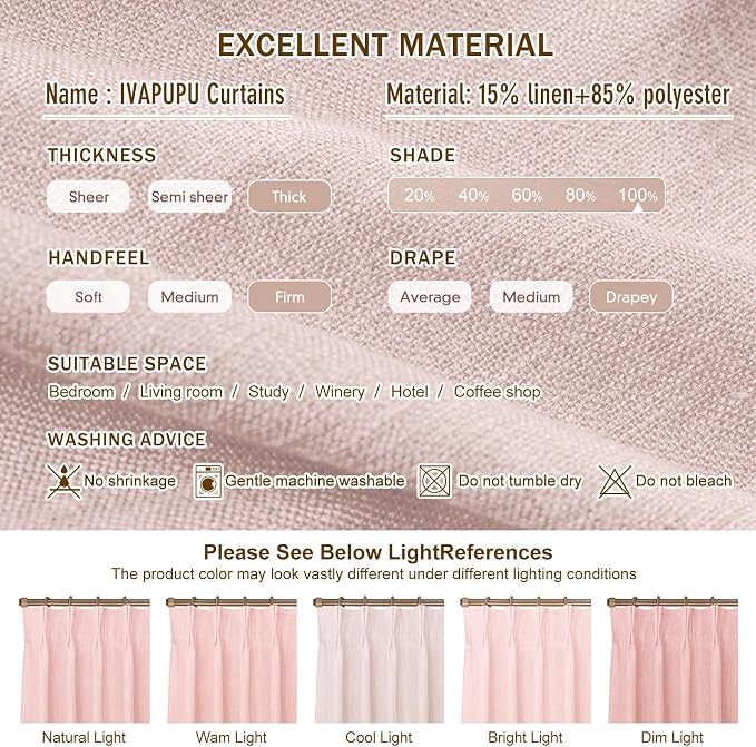 IVAPUPU Pink Pinch Pleated Full Blackout Linen Curtains for Girls Bedroom, Black Out Curtains 95 Inches Long Room Darkening Thermal Insulated Pleat Drapes Baby Pink Dusty Blush for Nursery, 2 Panels